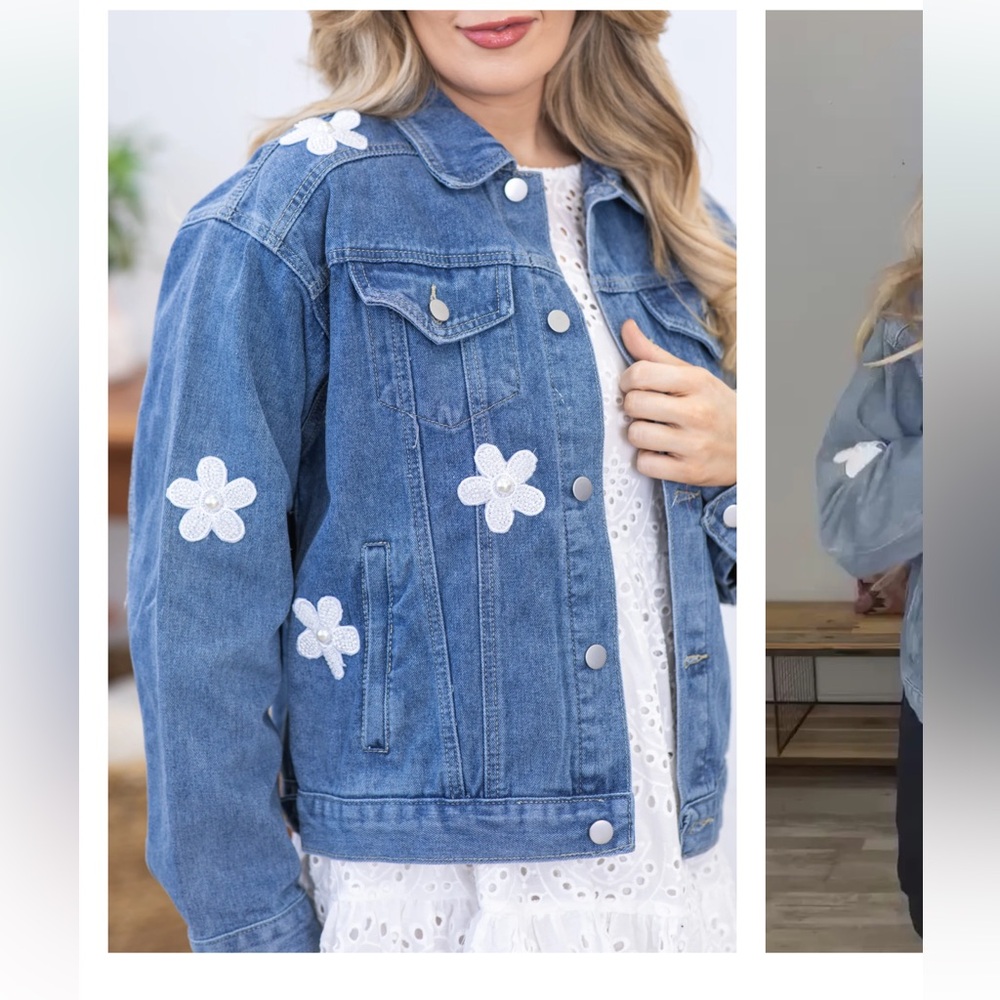 Blue Velvet White Floral Patch Denim Jacket Size Small